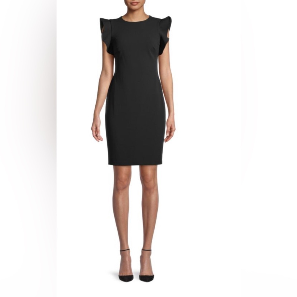 Calvin Klein Ruffle Sleeve Sheath Cocktail Dress - Black
